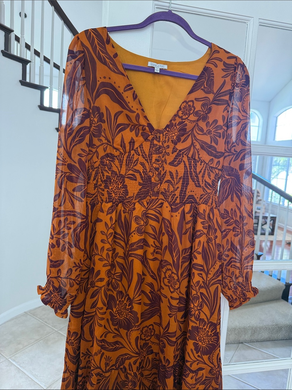 Patrons of Peace Size Large Rust Floral Long-Sleeve Midi Dress - Picture 3 of 4